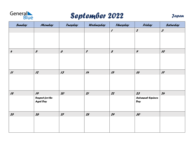 Japan September 2022 Calendar with Holidays