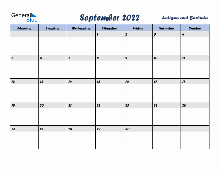 September 2022 Calendar with Holidays in Antigua and Barbuda