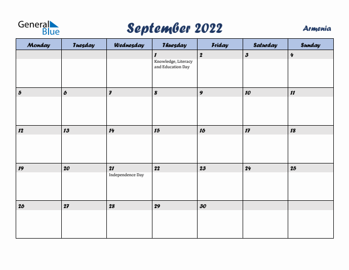 September 2022 Calendar with Holidays in Armenia