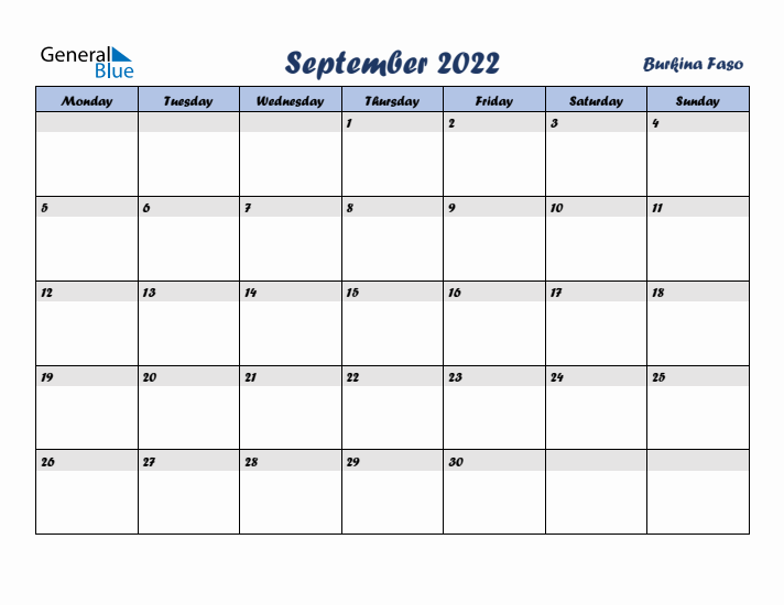 September 2022 Calendar with Holidays in Burkina Faso