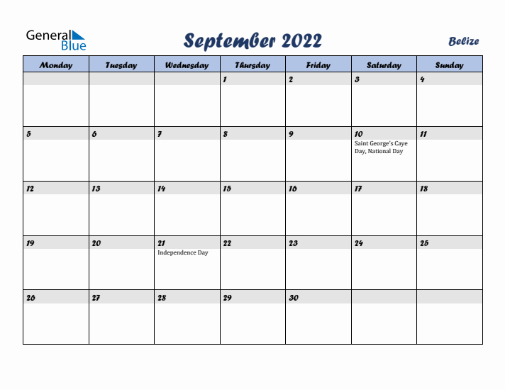 September 2022 Calendar with Holidays in Belize