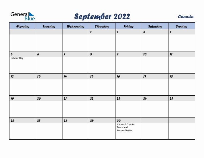 September 2022 Calendar with Holidays in Canada