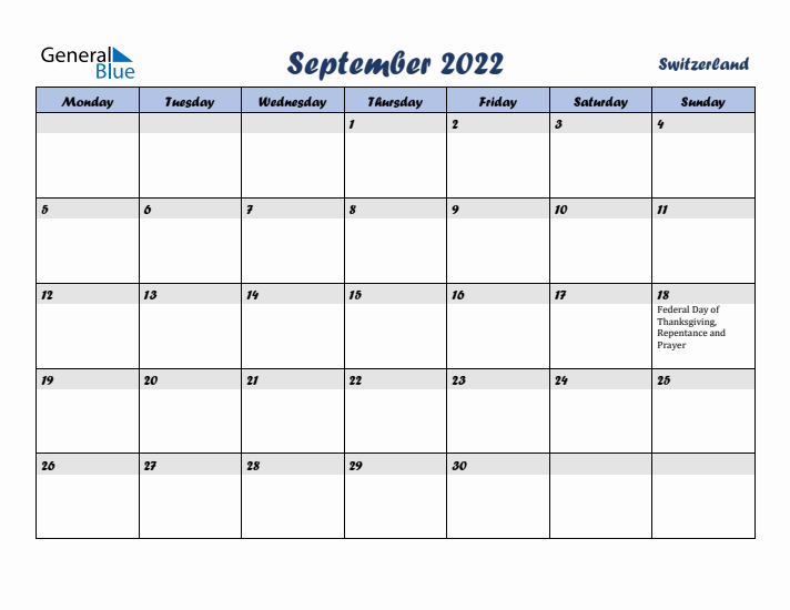 September 2022 Calendar with Holidays in Switzerland