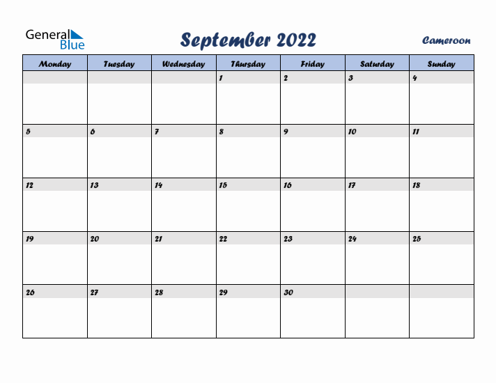 September 2022 Calendar with Holidays in Cameroon