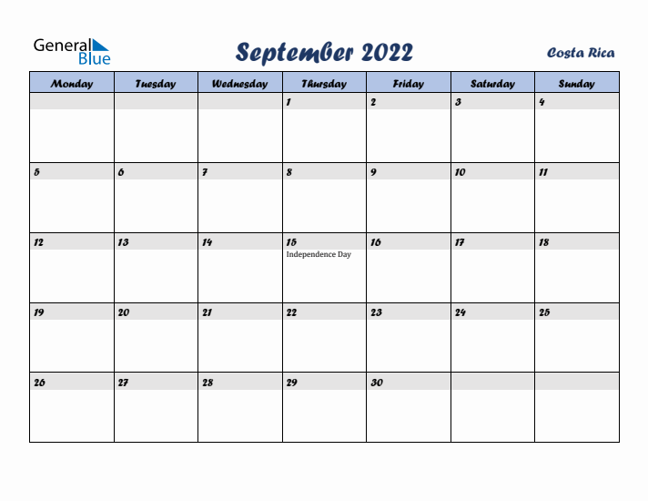 September 2022 Calendar with Holidays in Costa Rica