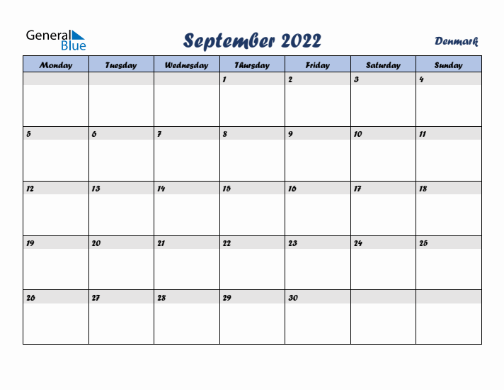 September 2022 Calendar with Holidays in Denmark