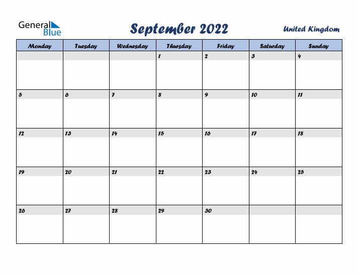 September 2022 Calendar with Holidays in United Kingdom