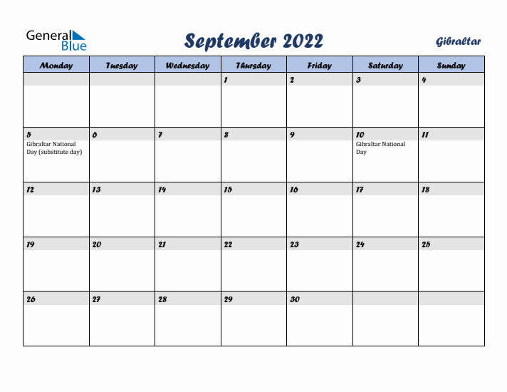 September 2022 Calendar with Holidays in Gibraltar