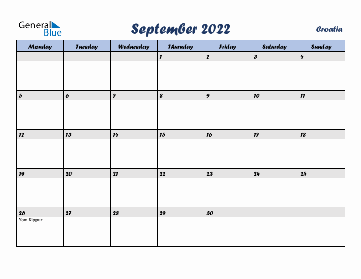 September 2022 Calendar with Holidays in Croatia