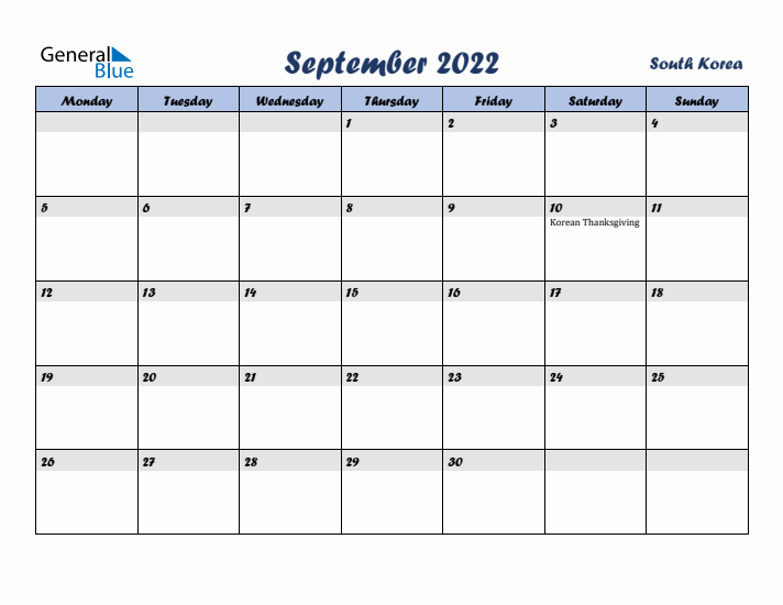 September 2022 Calendar with Holidays in South Korea