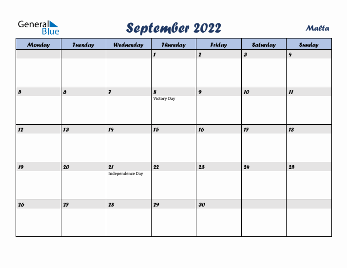September 2022 Calendar with Holidays in Malta