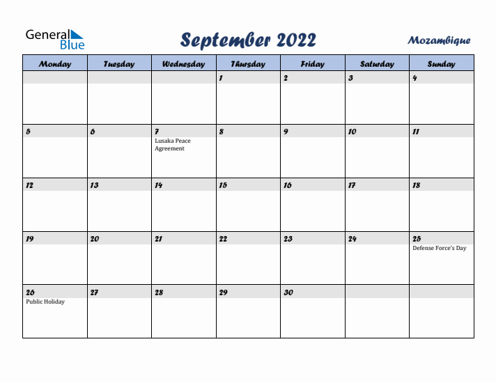 September 2022 Calendar with Holidays in Mozambique