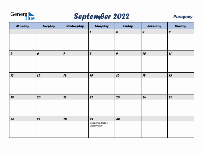 September 2022 Calendar with Holidays in Paraguay