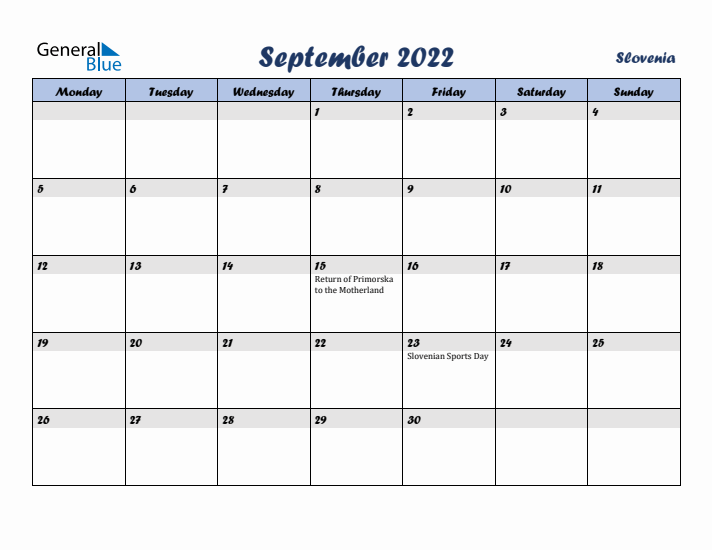 September 2022 Calendar with Holidays in Slovenia