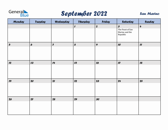 September 2022 Calendar with Holidays in San Marino