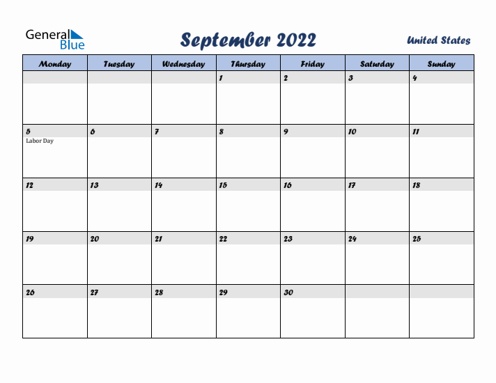 September 2022 Calendar with Holidays in United States