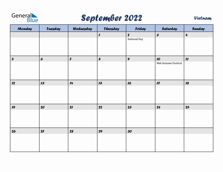 September 2022 Calendar with Holidays in Vietnam