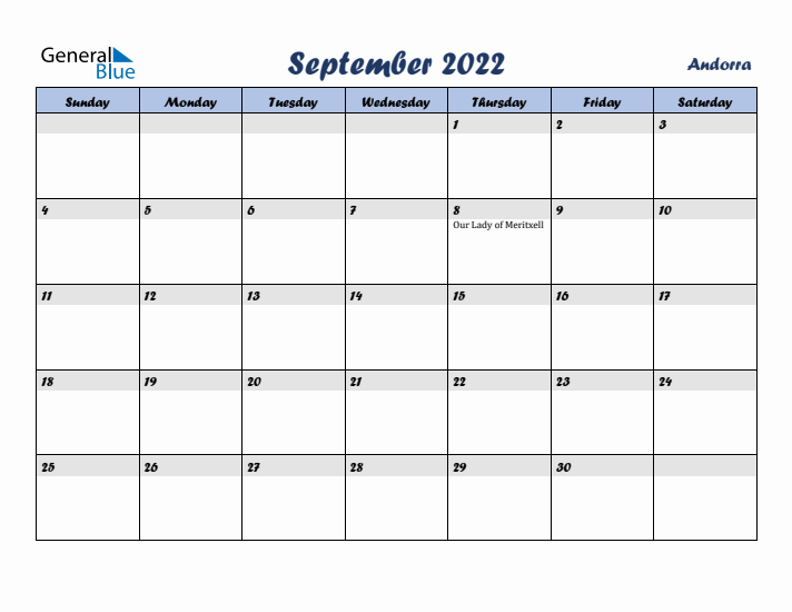 September 2022 Calendar with Holidays in Andorra
