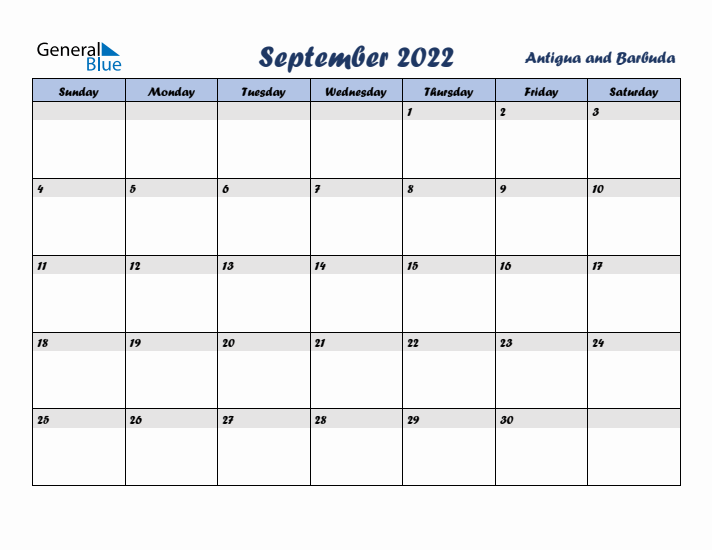 September 2022 Calendar with Holidays in Antigua and Barbuda
