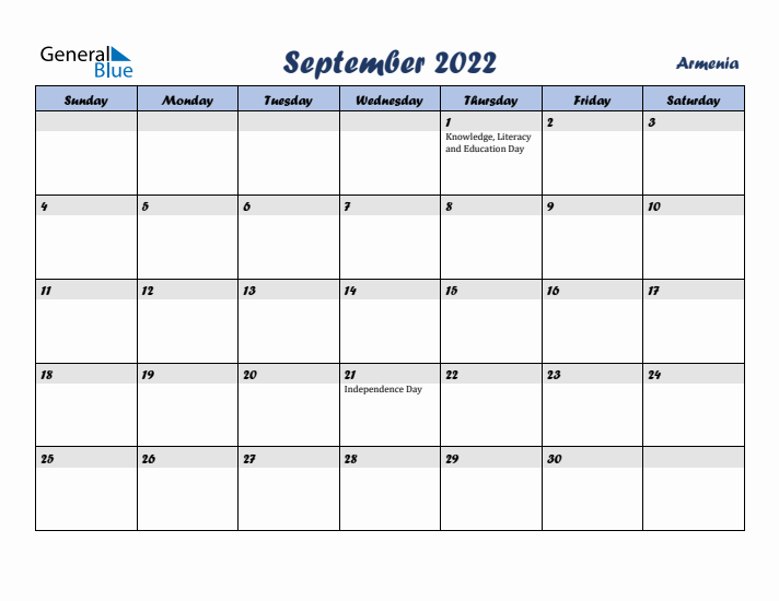 September 2022 Calendar with Holidays in Armenia