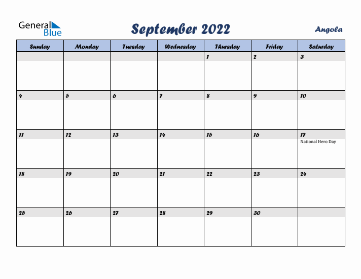 September 2022 Calendar with Holidays in Angola