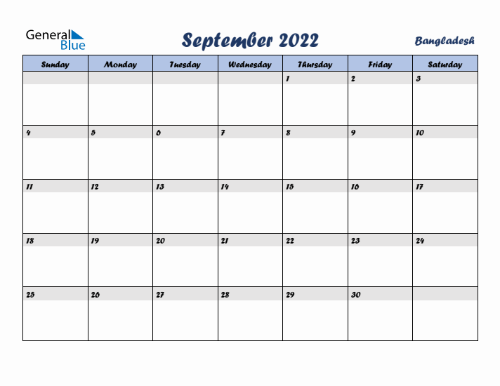 September 2022 Calendar with Holidays in Bangladesh