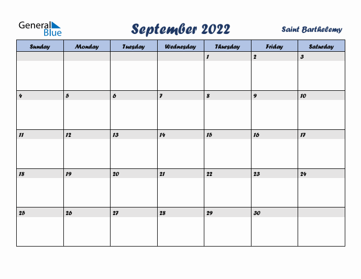 September 2022 Calendar with Holidays in Saint Barthelemy