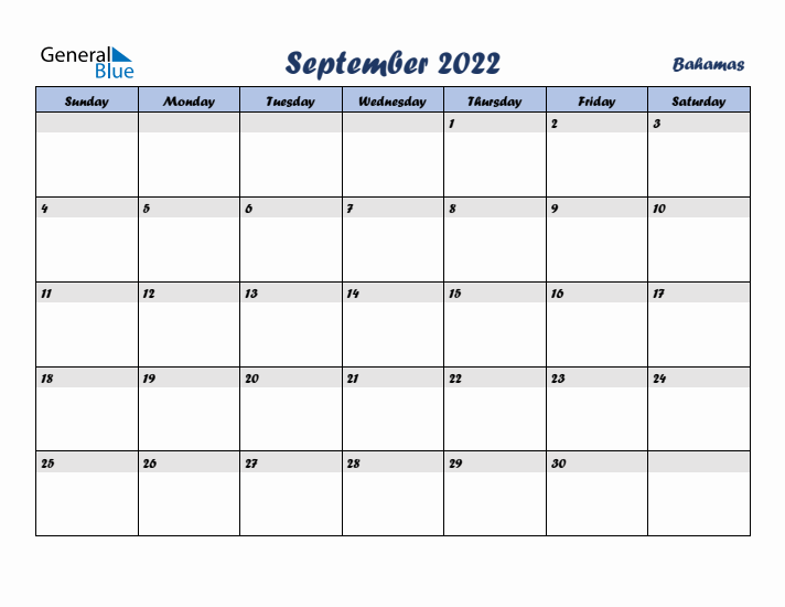September 2022 Calendar with Holidays in Bahamas