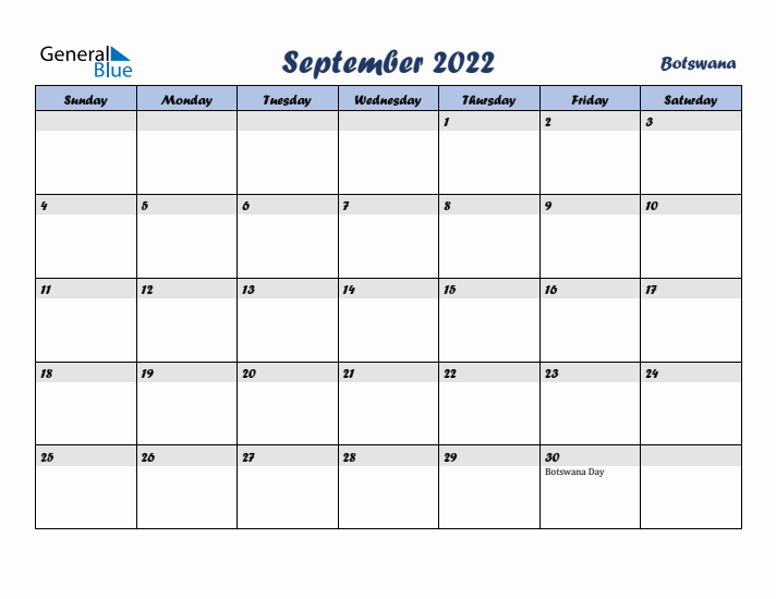September 2022 Calendar with Holidays in Botswana