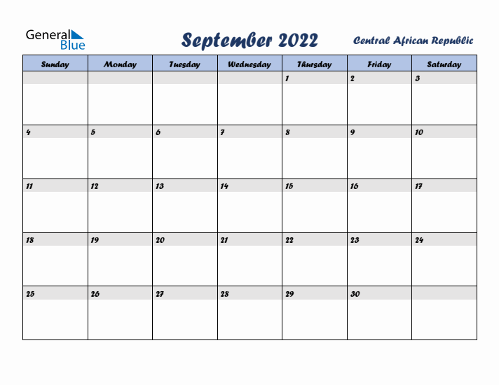 September 2022 Calendar with Holidays in Central African Republic
