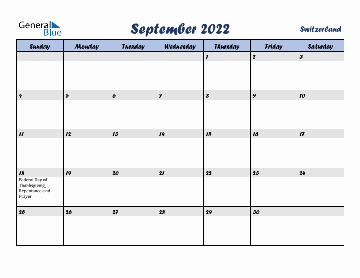 September 2022 Calendar with Holidays in Switzerland