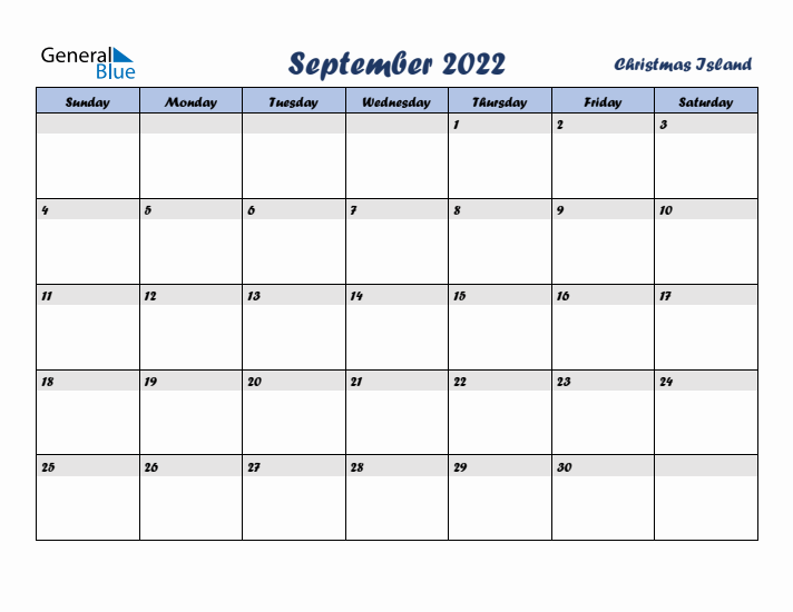 September 2022 Calendar with Holidays in Christmas Island