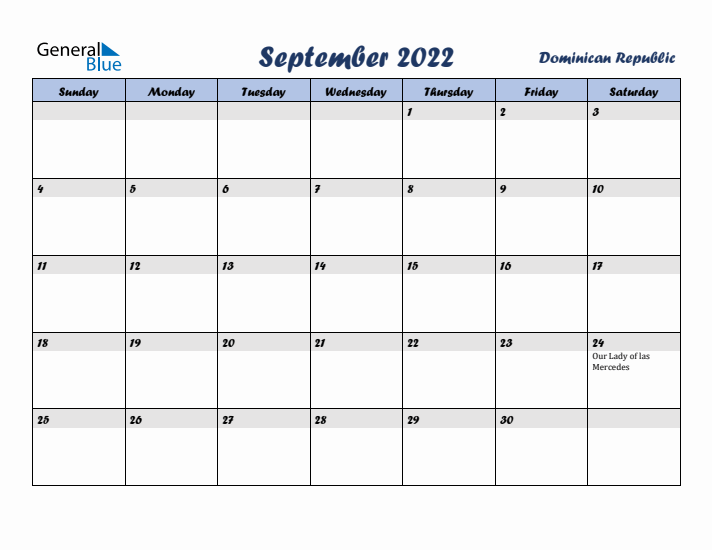 September 2022 Calendar with Holidays in Dominican Republic