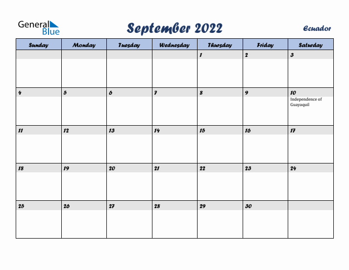 September 2022 Calendar with Holidays in Ecuador