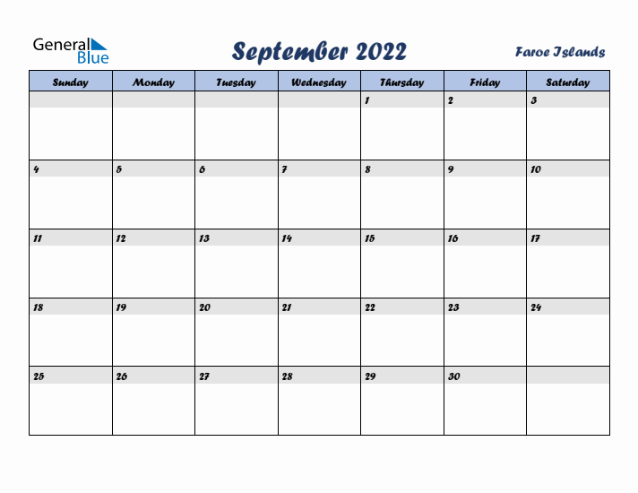 September 2022 Calendar with Holidays in Faroe Islands