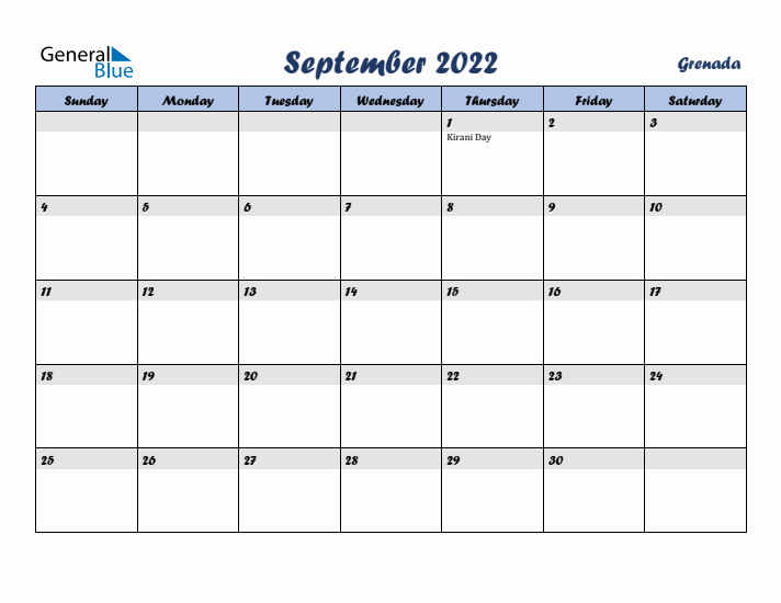 September 2022 Calendar with Holidays in Grenada