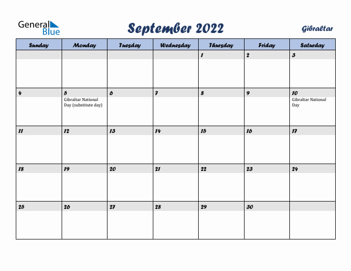 September 2022 Calendar with Holidays in Gibraltar
