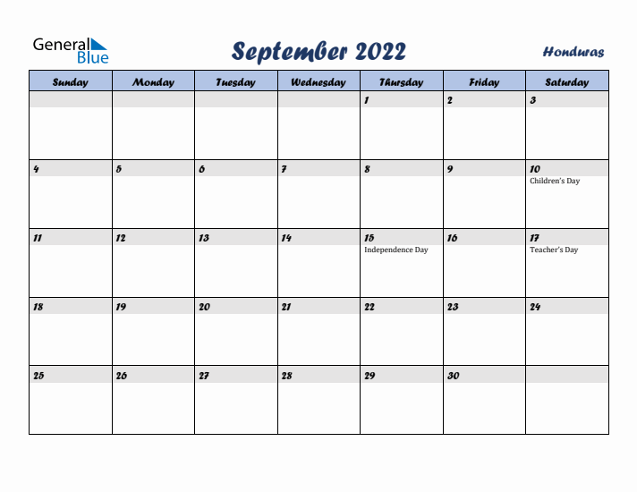September 2022 Calendar with Holidays in Honduras