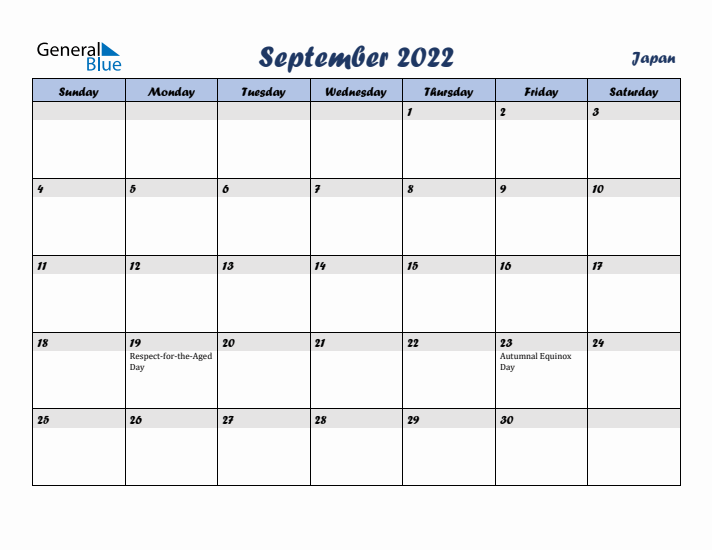 September 2022 Calendar with Holidays in Japan
