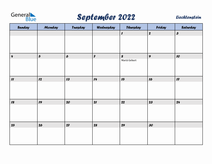 September 2022 Calendar with Holidays in Liechtenstein