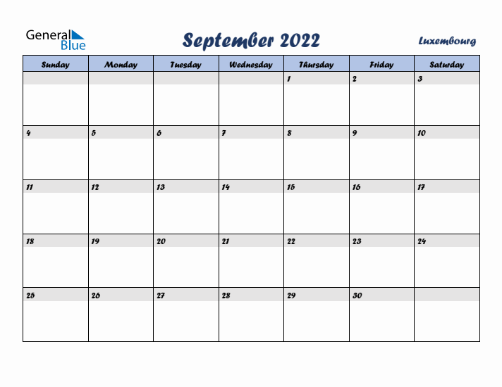 September 2022 Calendar with Holidays in Luxembourg