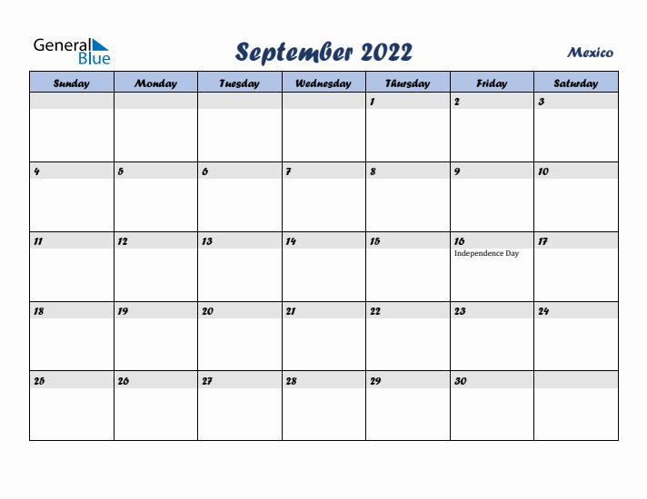 September 2022 Calendar with Holidays in Mexico