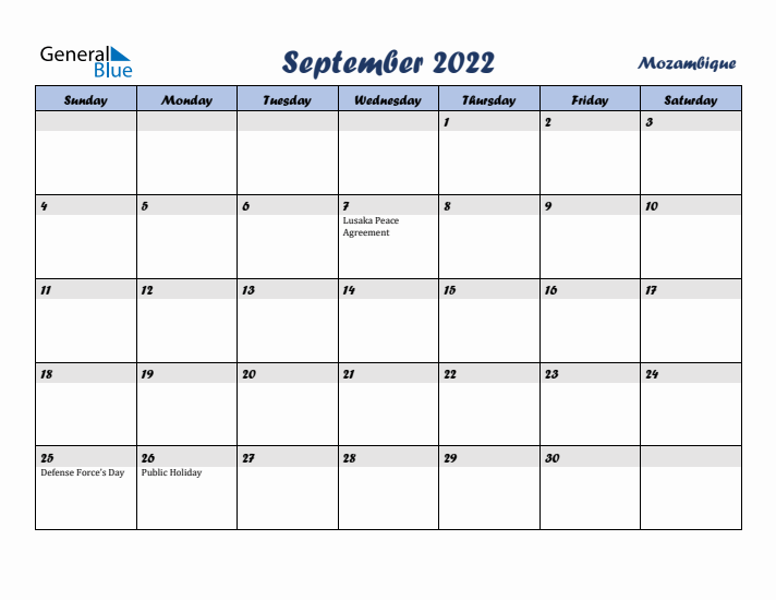 September 2022 Calendar with Holidays in Mozambique