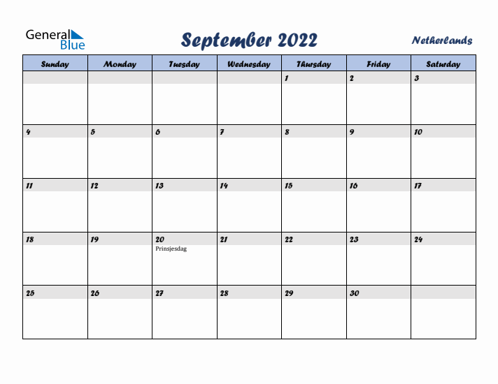 September 2022 Calendar with Holidays in The Netherlands