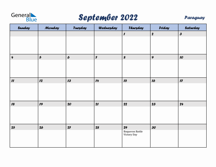 September 2022 Calendar with Holidays in Paraguay