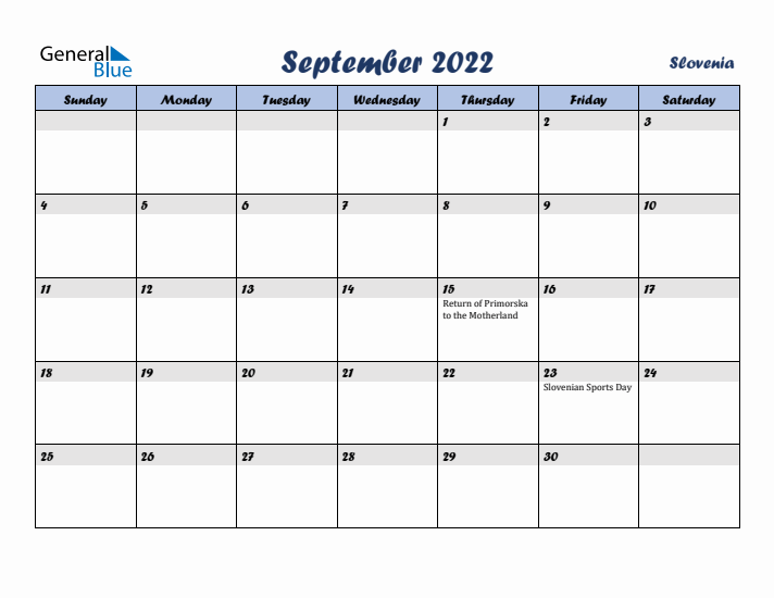 September 2022 Calendar with Holidays in Slovenia