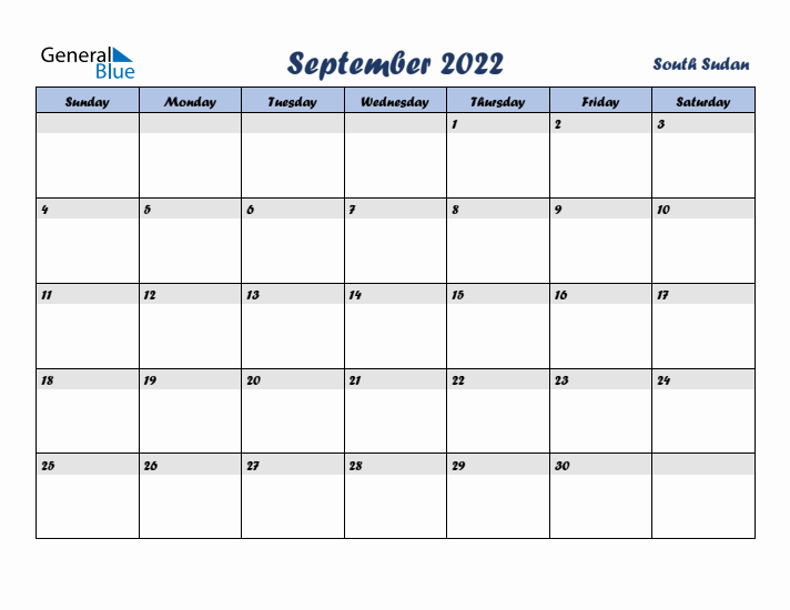 September 2022 Calendar with Holidays in South Sudan