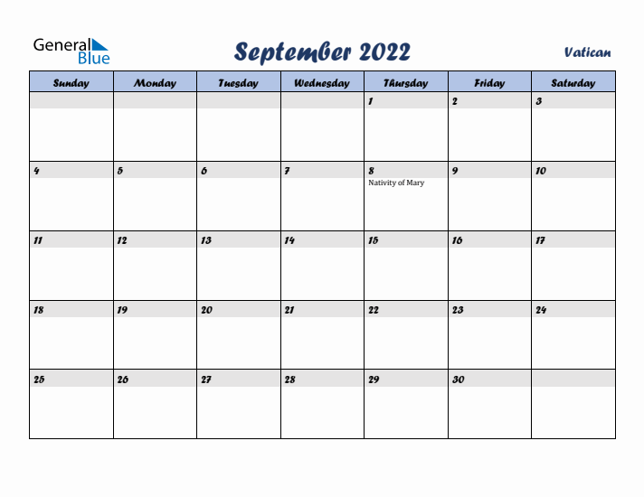September 2022 Calendar with Holidays in Vatican