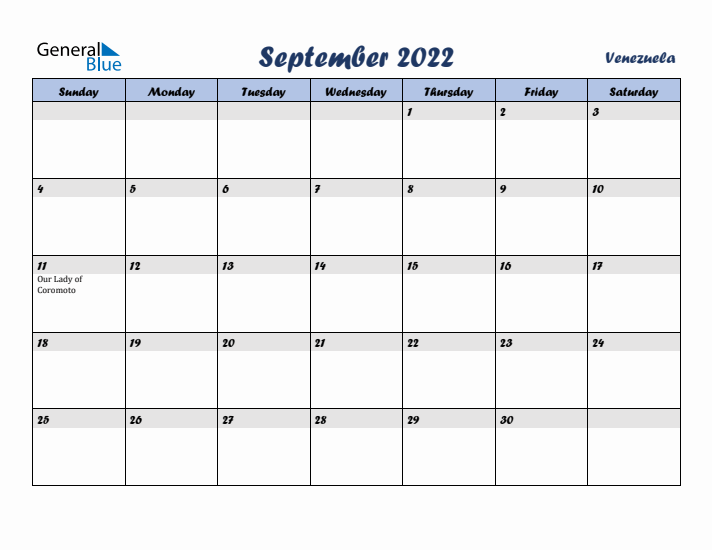 September 2022 Calendar with Holidays in Venezuela