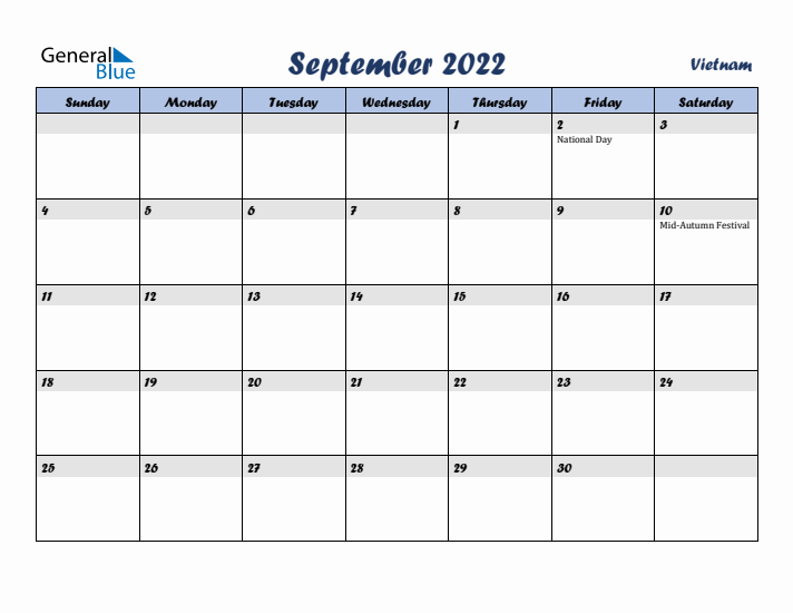 September 2022 Calendar with Holidays in Vietnam